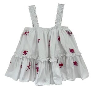 Mi Golondrina White Ruffle Tiered Pink Floral Embroidered Flowy Tank Top SZ L